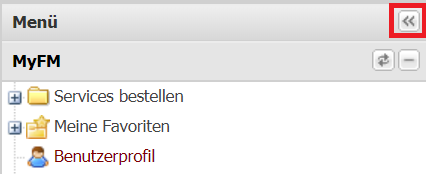 Screenshot des Menüs mit Markierung des Buttons zum Einklappen